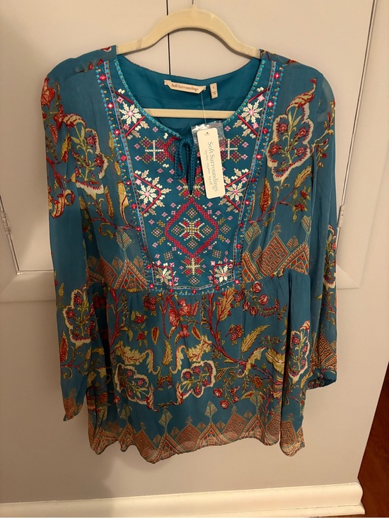 Soft Surroundings Tops - Soft Surroundings Teal Boho Embroidered Floral Tunic